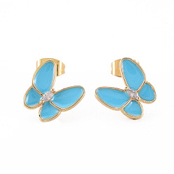 Light Sky Blue Brass Micro Pave Clear Cubic Zirconia Stud Earrings, with Enamel and Ear Nuts, Cadmium Free & Nickel Free & Lead Free, Butterfly, Real 16K Gold Plated, Light Sky Blue, 11x11.5mm, Pin: 0.8mm