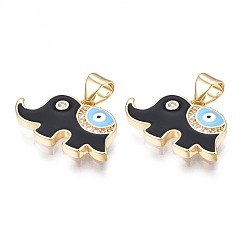 Black Brass Micro Pave Clear Cubic Zirconia Pendants, with Enamel, Nickel Free, Real 18K Gold Plated, Elephant, Black, 13x21x2mm, Hole: 3x5mm
