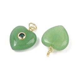 Aventurine Verte Pendentifs naturels aventurine verte, breloques en forme de cœur avec sertissage pavé en laiton et zircone cubique, réel 18 k plaqué or, sans cadmium et sans plomb, crémaillère plaquage, plaqué longue durée, 18~18.5x15x6~7mm, Trou: 3mm