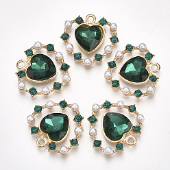 Зеленый Подвески из сплава , с пластиковой имитационной жемчужиной, стекло и стразы, сердце, золотой свет, зелёные, 26x26.5x6 мм, отверстие : 2 мм