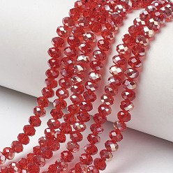 Красный Стеклянные бусины с гальваническим покрытием , с половиным покрытием, с покрытием цвета радуги, граненые, рондель, красные, 3.5x3 мм, отверстие : 0.4 мм, около 123~127 шт / нитка, 13.7~14.1 дюйм (35~36 см)