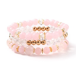 Rose Quartz Multi-layered Stretch Beaded Bracelets Sets, Stackable Bracelets, with Natural Rose Quartz Beads, Imitation Gemstone Acrylic Beads, Glass Beads, Non-magnetic Synthetic Hematite Beads and CCB Plastic Beads, Round, Inner Diameter: 2 inch(5.2cm), 3pcs/set