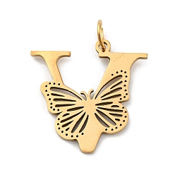 Letter V Ионное покрытие (ip) 201 подвески из нержавеющей стали, письмо с подвесками-бабочками, золотые, Буква V, 27x27x1.5 мм, Кольцо: 7x1 mm, отверстие : 5 мм
