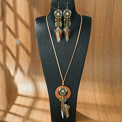 Античная Бронза Плетеная сетка/паутина с перьевым сплавом и комплекты из дерева и серег, комплекты украшений из искусственной кожи, античная бронза, ожерелья: 400 мм; серьга: 117x25мм