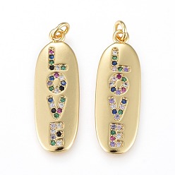Разноцветный Латунные микропаве прозрачные подвески с фианитом, на день Святого Валентина, реальный 18 k позолоченный, долговечный, овальные, красочный, 25x9x2 мм, отверстие : 2.5 мм