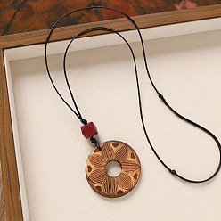 Donut Деревянная подвеска, черный вощеный шнур, длинные цепочки для женщин, пончик, 31.50 дюйм (80 см), Кулон : 75x50 мм