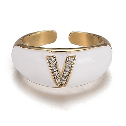 Letter V Brass Micro Pave Clear Cubic Zirconia Cuff Rings, Open Rings, with Enamel, Cadmium Free & Lead Free, Golden, Letter.V, US Size 7 1/4, Inner Diameter: 17.6mm