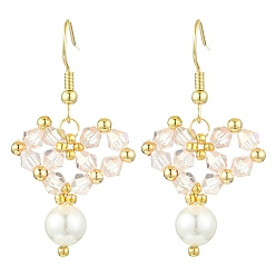 Желтая Старая Ткань  Болтающие серьги из стекла, с бусинами из ракушечного жемчуга и 304 крючками для сережек из нержавеющей стали, сердце, старое кружево, 42x20~22 мм