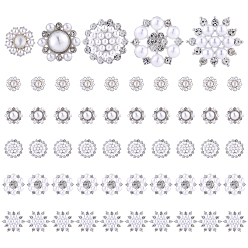 Silver 70Pcs 5 Styles Alloy Rhinestone Shank Buttons, with Resin Imitation Pearl Beads, 1-Hole, Flower, Silver, 14~24x8.5~11.5mm, Hole: 2.2~2.9mm, 14pcs/style