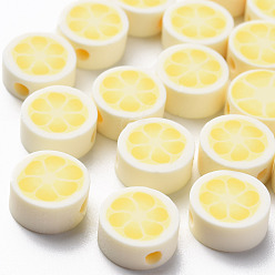 Lemon Chiffon Handmade Polymer Clay Beads, Flat Round with Flower, Lemon Chiffon, 9~10x4~5mm, Hole: 1.4mm