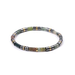 (RRHB277) Кристалл на подкладке из медово-бежевого цвета Богемные браслеты из натурального индийского агата и золотистого синтетического немагнитного гематита с эластичными бусинами для женщин и мужчин., колонка и диск, 7.09 дюйм (18 см) ~ 7.48 дюйм (19 см)