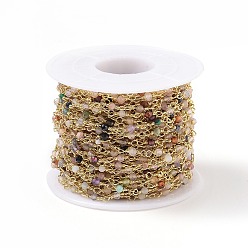 Смешанные камни Цепочки из натуральных смешанных камней и турмалина ручной работы, с латунной фурнитурой , золотые, несварные, круглые, граненые, с катушкой, 12x1~1.25 мм, бусина : 2~2.5 mm, около 32.8 футов (10 м) / рулон
