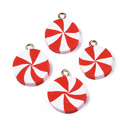 Red Handmade Polymer Clay Pendants, with Light Gold Iron Loop, Flat Round, Red, 19.5~20.5x15.5~16.5x3.5~4mm, Hole: 2mm
