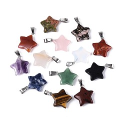 Смешанные камни Природные и синтетические смешанные каменные подвески, звезды прелести, с защелкой из нержавеющей стали на поручнях, цвет нержавеющей стали, смешанные окрашенные и неокрашенные, 21.5~24.5x20~21.5x5.5~7 мм, отверстие : 7x3.5 мм