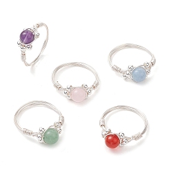 Mixed Stone 5Pcs 5 Styles Round Natural Gemstone Ring, Copper Wire Wrapped Ring for Women, Inner Diameter: 18~18.5mm, 1pc/style