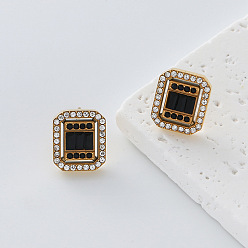 Rectangle 304 Stainless Steel Rhinestone Stud Earrings for Women, with Glass, Golden, Rectangle, 14x12mm