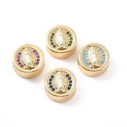 (52) Непрозрачная лаванда Стойки обшивки латунь микро проложить кубического циркония бусы, без кадмия и без свинца, реальный 18 k позолоченный, плоский круглый с узором джосса, разноцветные, 11x5 мм, отверстие : 2 мм
