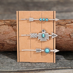 Antique Silver Tibetan Styles Alloy Hair Bobby Pins, with Synthetic Turquoise, Antique Silver, 74mm, 3pcs/set