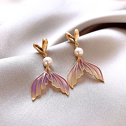 Золотой Серьги-гвоздики из пластикового сплава с жемчугом в форме рыбьего хвоста, с эпоксидной смолой, золотые, 35 мм