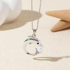 Dolphin Ожерелья с подвесками из сплава, хрустальных страз и пластиковой имитации жемчуга, платина, белые, дельфин, 17.72 дюйм (45 см)