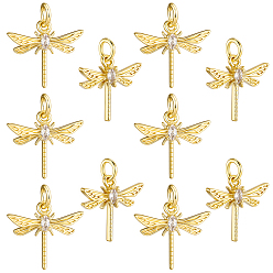 Настоящее золото 18K 10 кулоны из латуни с прозрачным кубическим цирконием, с целью перехода в кольце, без кадмия и без свинца, стрекоза, реальный 18 k позолоченный, 13x14x5 мм, отверстие : 3 мм
