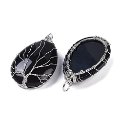 Black Onyx Natural Black Onyx(Dyed & Heated) Big Pendants, Teardrop Charms with Copper Wire Wrapped Tree, Platinum, 49~51.5x31x10~11mm, Hole: 6x5.5mm