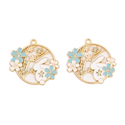Светло-Голубой Стойки обшивки сплава эмали подвески, золотые, Плоская круглая подвеска с кроликом и цветком, Небесно-голубой, 28.5x30x1.5 мм, отверстие : 2 мм