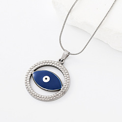 Blue 304 Stainless Steel Enamel Evil Eye Pendant Necklaces for Women, Stainless Steel Color, Blue, 15.75 inch(40cm)