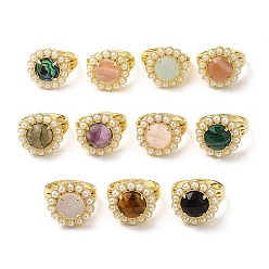 Mixed Stone Ion Plating(IP) Natural Mixed Gemstone Flower Adjustable Ring with Plastic Pearl Beaded, Real 14K Gold Plated Brass Jewelry, Inner Diameter: 16.5~17mm
