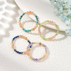 Mixed Stone Adjustable Natural Gemstone Beaded Stretch Rings for Women, Faceted Round, Golden, 21mm