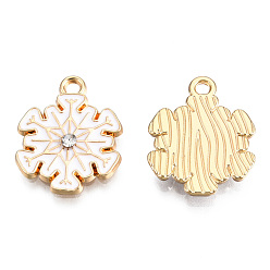 Белый Новогодняя тема, Подвески из эмали и сплава, с кристально горный хрусталь, золотой свет, снежинка, белые, 18.5x15x1.5 мм, отверстие : 2 мм