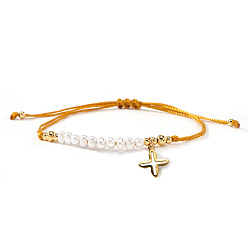 Гейнсборо 304 из нержавеющей стали крест шарм браслеты, Регулируемые браслеты из латуни и круглых бусин из искусственного жемчуга для женщин., светло-серые, 11.02 дюйм (28 см)