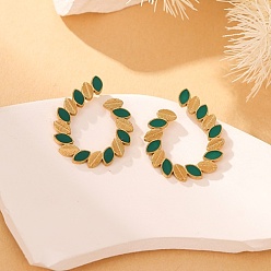 Green Golden 304 Stainless Steel Stud Earrings with Enamel, Teardrop with Leaf, Green, 28.6x23mm