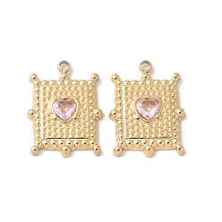 Настоящее золото 18K 304 подвески из нержавеющей стали со стразами светло-розового цвета, прямоугольные подвески в виде сердечек, ионное покрытие (ip), реальный 18 k позолоченный, 18x13.5x3 мм, отверстие : 1.5 мм