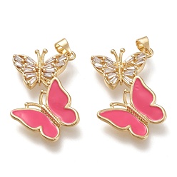 Светло-Вишневый Латунные микро проложить кубического циркония подвески, с эмалью, реальный 18 k позолоченный, двойная бабочка, светло-вишневый, 29x30x3 мм, отверстие : 3.5x5 мм