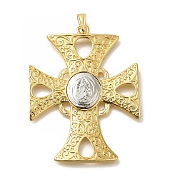 Настоящее золото 18K Подвески для стоек, долговечный, без свинца и без кадмия, крест с амулетами девы марии, реальный 18 k позолоченный, 65x50x5 мм, отверстие : 8x4.5 мм