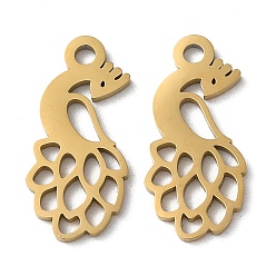 Oro Revestimiento iónico (ip) 304 colgantes de acero inoxidable, Corte con laser, encantos de pavo real, dorado, 16.5x7.5x1 mm, agujero: 1.6 mm