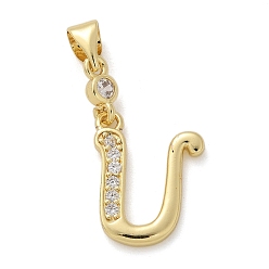 Letter U Латунные микро проложить кубического циркония подвески, долговечный, без свинца и без кадмия, стойки покрытие, письмо амулеты, Буква U, 16x12.5x1.5 мм, отверстие : 4.5x3.5 мм