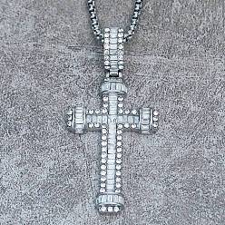 Нержавеющая Сталь Цвет 304 ожерелья из нержавеющей стали с подвеской в виде креста и прозрачными кубическими циркониями, цвет нержавеющей стали, 23.62 дюйм (60 см)