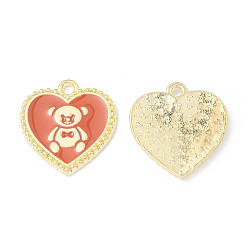 Coral Alloy Enamel Pendants, Heart with Bear Pattern Charm, Golden, Coral, 21x19x1.7mm, Hole: 2mm