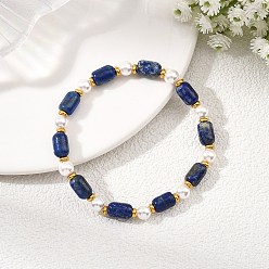 Lapis Lazuli Natural Lapis Lazuli & Shell Pearl & Brass Beads Stretch Bracelets for Women, Barrel, Golden, Inner Diameter: 2.05 inch(5.2cm)