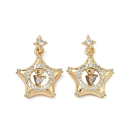 Настоящее золото 18K Латунные микропаве прозрачные подвески с фианитом, без кадмия и без свинца, стойки покрытие, долговечный, звезды прелести, реальный 18 k позолоченный, 18x15.5x4 мм, отверстие : 3x3.5 мм