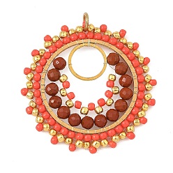 Red 304 Stainless Steel & Brass & Natural Red Jasper & TOHO Glass Seed Beaded Pendants, Flat Round Charms, with Open Jump Rings, Red, 36x35x3.5mm, Hole: 2.5mm