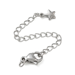 Stainless Steel Color 304 Stainless Steel Curb Chain Extender, End Chains with Lobster Claw Clasps & Star Charms, Stainless Steel Color, 70mm