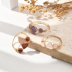Смешанные камни Женские плетеные кольца из натурального аметиста, розового кварца и красной яшмы, обмотанные медной проволокой, сердце, 8.5 мм, размер США 8 1/2 (18.5 мм), 3 шт / комплект