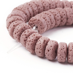 Pink Natural Lava Rock Beads Strands, Dyed, Flat Round/Disc, Pink, 8~8.5x3~4mm, Hole: 2mm, about 62 pcs/Strand, 7.87 inch(20 cm)