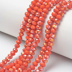 Помидор Гальванические непрозрачные стеклянные бусины, с половиным покрытием цвета радуги, граненые, рондель, помидор, 6x5 мм, отверстие : 1 мм, около 85~88 шт / нитка, 16.1~16.5 дюйм (41~42 см)