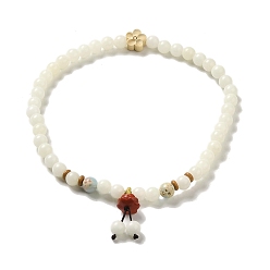 Mixed Stone White Jade Bodhi Root Beaded Stretch Bracelet, Buddha Mala Beads Bracelet with Cinnabar Lotus Pod Charm, 35.4cm