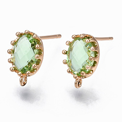 Light Green Brass Stud Earring Findings, with Glass and Loop, Long-Lasting Plated, Oval, Light Gold, Light Green, 11.5x7.5mm, Hole: 1mm, Pin: 0.7mm
