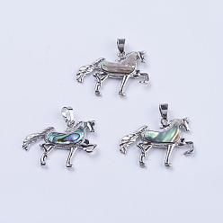 Раковина Кулон с панцирем, с латунной заготовкой из платины, единорог, 25.5x35.5x2.5 мм, отверстие : 5x8 мм